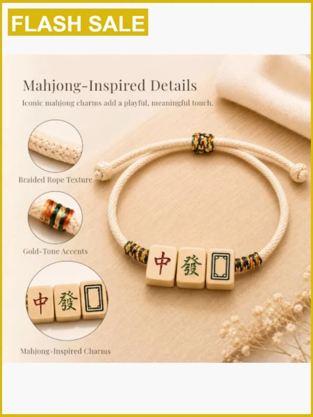 Lucky Mahjong Bracelet - Feng Shui Wealth & Success Charm, Adjustable Cord